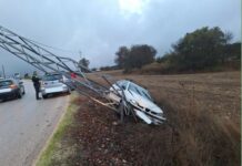 Cortada al tráfico la MA-224 en Villanueva del Rosario a causa de la colisión de un coche contra un poste de luz