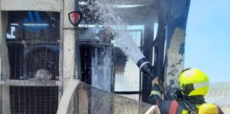 Efectivos del Consorcio de Bomberos de Málaga extinguen un incendio en una planta fotovoltaica de Teba